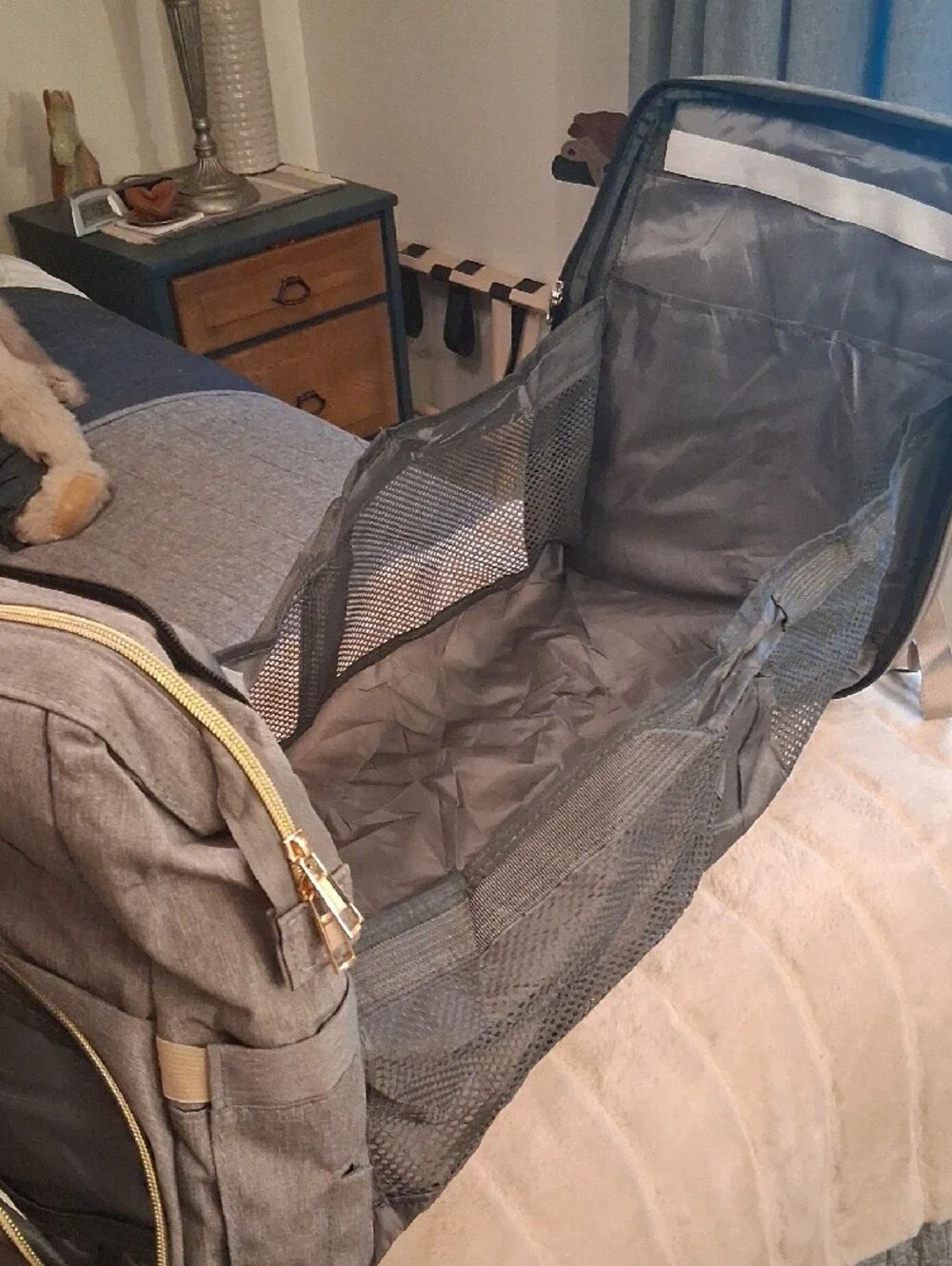 LAND Gray Baby Bag Backpack Pack And Play with Gold Zippers